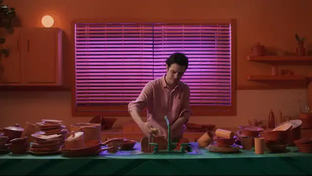 Vaisselle terracotta sous néon rose