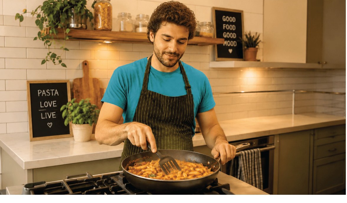 Homme qui cuisine des pâtes O Sole Mio dans une cuisine chaleureuse