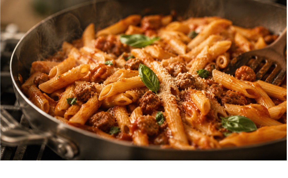 Gros plan de penne sauce tomate qui fument dans la poêle